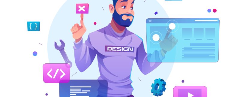 Web development, programmer engineering and coding website on augmented reality interface screens. developer project engineer programming software or application design, Cartoon vector illustration